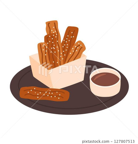 Churros with hot chocolate and powdered sugar Churros with hot chocolate and powdered sugar 127807513