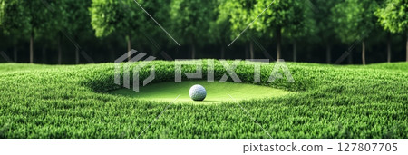 White golf ball resting in a perfectly manicured hole on a vibrant green course, surrounded by lush grass and trees, creating a serene and inviting golfing scene White golf ball resting in a perfectly manicured hole on a vibrant green course, surrounded by lush grass and trees, creating a serene and inviting golfing scene 127807705