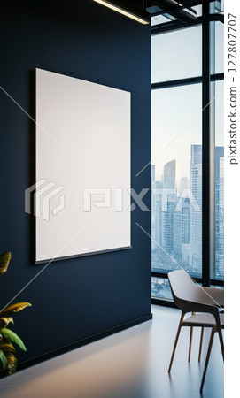Empty white poster hanging on dark blue wall in stylish office room with panoramic windows overlooking modern cityscape, providing space for design and advertising 127807707