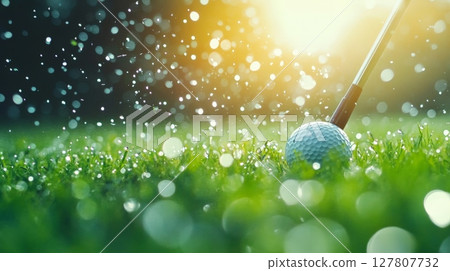 Golf club striking a golf ball on lush, wet grass under a bright sun, sending water splashing around and creating a refreshing, vibrant atmosphere on a beautiful day 127807732