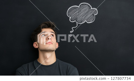 Pensive young man looking up at a chalk drawing of a thought bubble with a question mark, contemplating ideas and solutions on a dark background Pensive young man looking up at a chalk drawing of a thought bubble with a question mark, contemplating ideas and solutions on a dark background 127807734