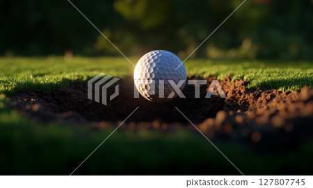 White golf ball falling into the hole on a green golf course on a sunny day, representing a successful shot and the achievement of a golfing goal 127807745