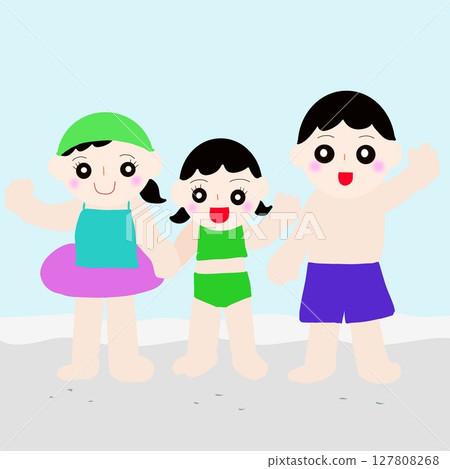 Brother and sister waving at the beach Brother and sister waving at the beach 127808268