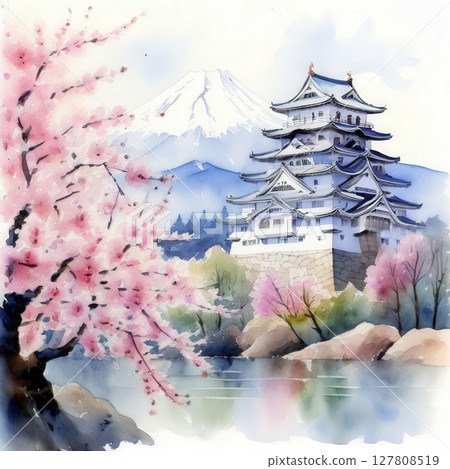 an AI Image Generator, Traditional Japanese Castle With Cherry Blossoms and Mount Fuji 127808519