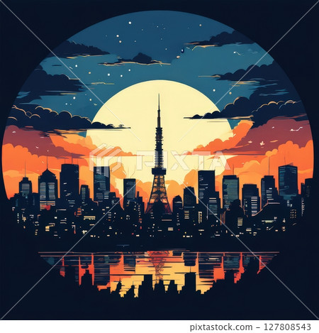 an AI Image Generator, Vivid Cityscape at Sunset Featuring Tower an AI Image Generator, Vivid Cityscape at Sunset Featuring Tower 127808543