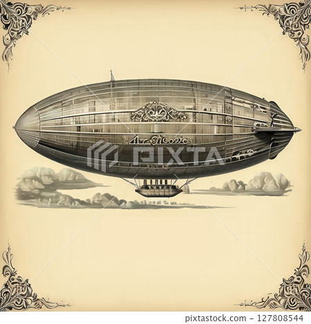 an AI Image Generator, Vintage Illustration of an Airship Floating Elegantly in the Sky an AI Image Generator, Vintage Illustration of an Airship Floating Elegantly in the Sky 127808544