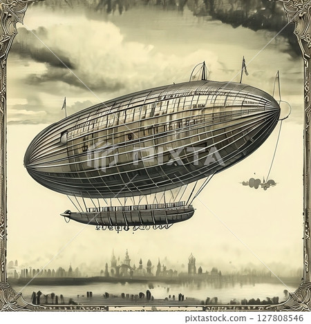an AI Image Generator, Vintage Illustration of an Airship Floating Elegantly in the Sky an AI Image Generator, Vintage Illustration of an Airship Floating Elegantly in the Sky 127808546