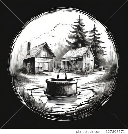 an AI Image Generator, Rustic Wooden House by a Well in a Countryside Setting 127808571