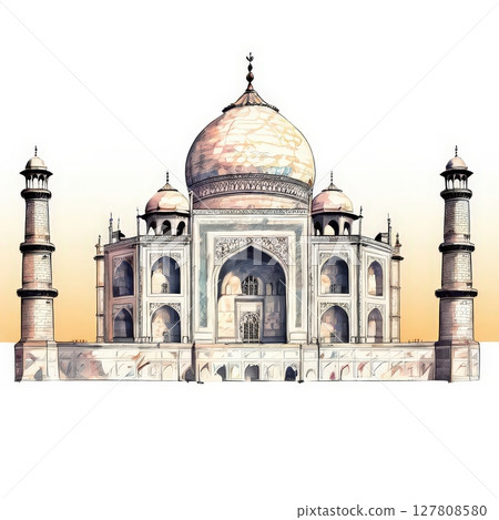 an AI Image Generator, Watercolor Illustration of the Taj Mahal with Elegant Detailing 127808580