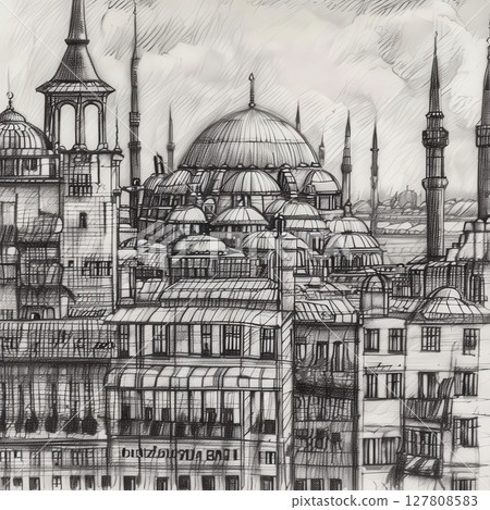 an AI Image Generator, Detailed Pencil Sketch of a Cityscape Featuring Iconic Mosque Minarets 127808583