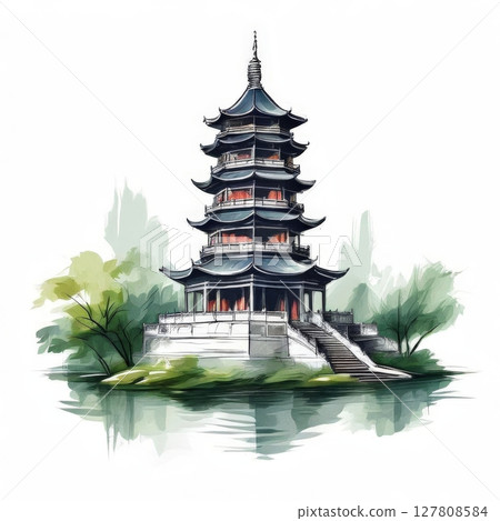an AI Image Generator, Pagoda Amid Peaceful Greenery in Traditional Asian Art Painting 127808584
