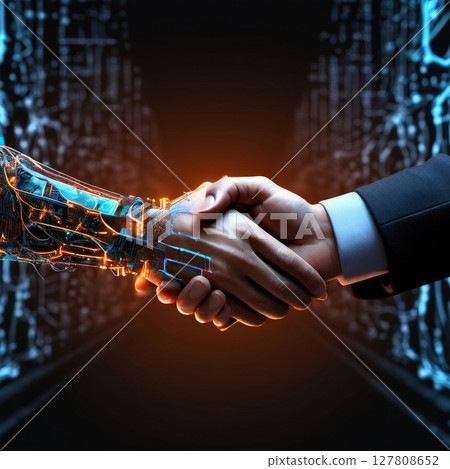 an AI Image Generator, Human and Robot Collaboration Depicted Through a Futuristic an AI Image Generator, Human and Robot Collaboration Depicted Through a Futuristic 127808652