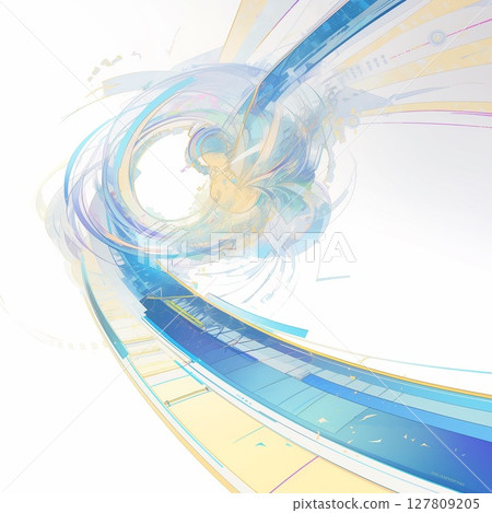A fantastic illustration of colorful light lines and electromagnetic waves floating in white space 127809205