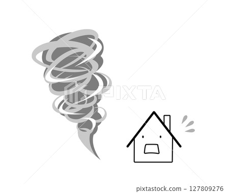 A simple monochrome illustration of a house in a panic due to a tornado A simple monochrome illustration of a house in a panic due to a tornado 127809276