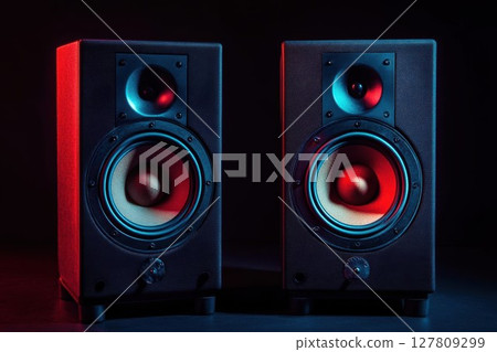 Audio Speakers Emit Colorful Sounds with Deep Bass and High Treble. Studio Monitor Speakers. 127809299
