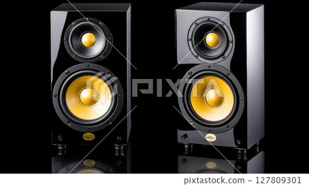 Two Black Speakers with Gold Drivers Reflect on a Dark Surface with Sound Technology 127809301