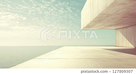 Concrete Platform Meets Calm Sea with Minimalist Architecture and Tranquil Sky. 127809307