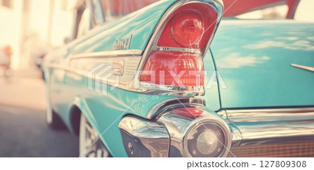 Classic Car Taillight Shines Brightly, Reflecting Nostalgia and Automotive History. Vintage Car. Classic Car Taillight Shines Brightly, Reflecting Nostalgia and Automotive History. Vintage Car. 127809308