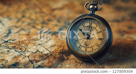 Antique Pocket Watch Rests on Old Map, Exploring History and Time Travel Nostalgia Antique Pocket Watch Rests on Old Map, Exploring History and Time Travel Nostalgia 127809309