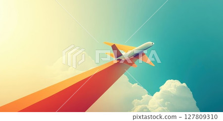 Airplane Ascends into Sky on Orange Trail, Cloudscape Background, Air Travel Concept 127809310