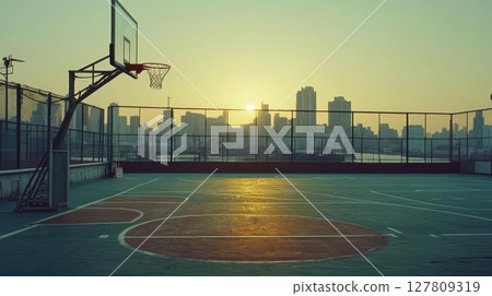 Basketball Court Stands Empty at Sunset with City Skyline. Urban Sports Theme. Basketball Court Stands Empty at Sunset with City Skyline. Urban Sports Theme. 127809319