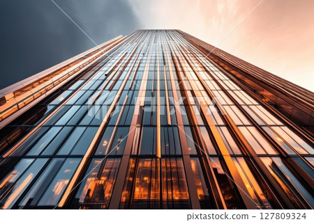 Skyscraper Rises with Glass and Steel Facade Reflecting Sunset Glow, Modern Architecture and Urban Design. 127809324