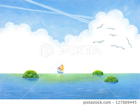 Colored pencil drawing: Seagulls and a refreshingly moving yacht 127809445