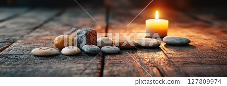 Ancient runes carved into stone arranged on a wooden table with a candle burning softly nearby 127809974
