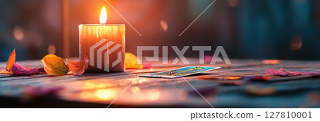 Dramatic close up of illuminated candle reflecting flame with tarot card and rose petals nearby Dramatic close up of illuminated candle reflecting flame with tarot card and rose petals nearby 127810001