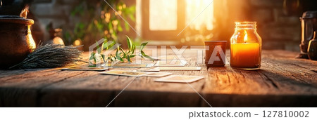 Mystical tarot card reading experience with candlelight and sage in serene setting Mystical tarot card reading experience with candlelight and sage in serene setting 127810002