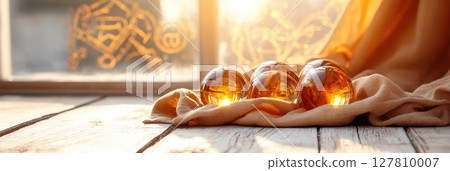 Crystal spheres reflect golden light on velvet cloth surrounded by mystical symbols Crystal spheres reflect golden light on velvet cloth surrounded by mystical symbols 127810007