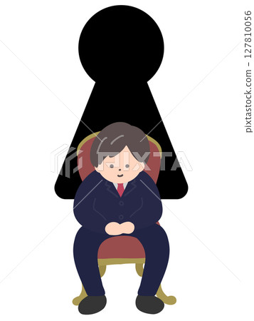 一位商務人士坐在華麗的椅子上，背景中有一個鑰匙孔 127810056
