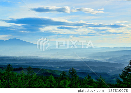 Mt. Asama and Komoro City in the morning mist as seen from the Fairy Tale Road Saku City 127810078