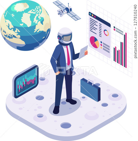 Isometric Businessman in Space Suit Analyzing Investment Chart Isometric Businessman in Space Suit Analyzing Investment Chart 127810240
