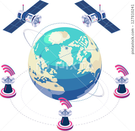 Isometric Global Satellite Communication Orbiting Earth Isometric Global Satellite Communication Orbiting Earth 127810241