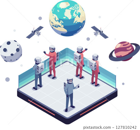 Isometric Space Tourism Experience with Tourist and Planetary View 127810242