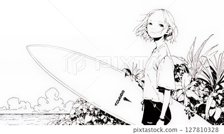 Young female surfer and summer beach scene (simple color) Young female surfer and summer beach scene (simple color) 127810328