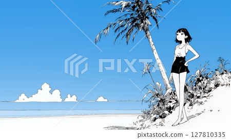 年輕女子獨自旅行和夏日海灘風景（純色） 127810335