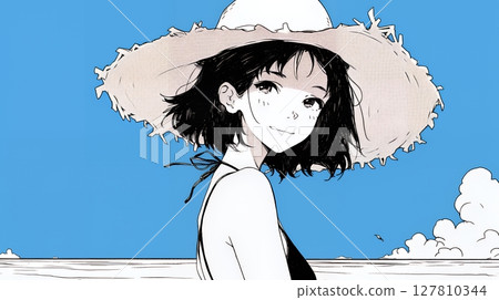 年輕女子獨自旅行和夏日海灘風景（純色） 127810344