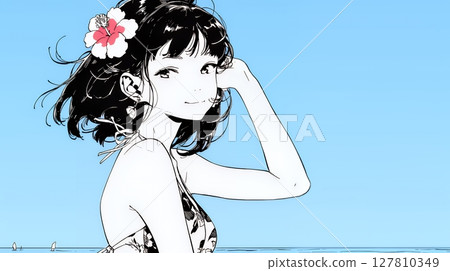Young woman with hibiscus hair ornament 127810349