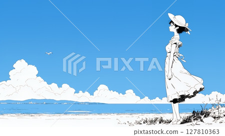 年輕女子獨自旅行和夏日海灘風景（純色） 127810363