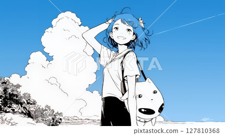 年輕女子獨自旅行和夏日海灘風景（純色） 127810368