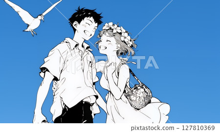 一對情侶在熱帶海灘約會（簡單的顏色） 127810369