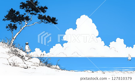 夏日海灘場景（簡單的顏色） 127810379