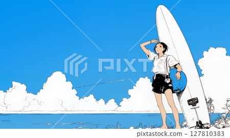 Young female surfer and summer beach scene (simple color) 127810383