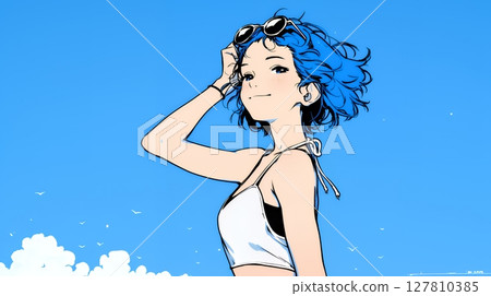 Young woman traveling alone and summer beach scenery (simple color) 127810385