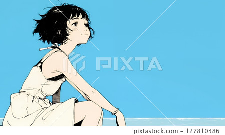 Young woman traveling alone and summer beach scenery (simple color) 127810386