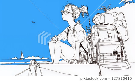 年輕女子獨自旅行和夏日海灘風景（純色） 127810410