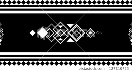 A bold black-and-white geometric ethnic border design,symmetrical and abstract tribal-inspired artwork is ideal for textile prints, digital backgrounds,decorative frames,cultural design projects. 127810733