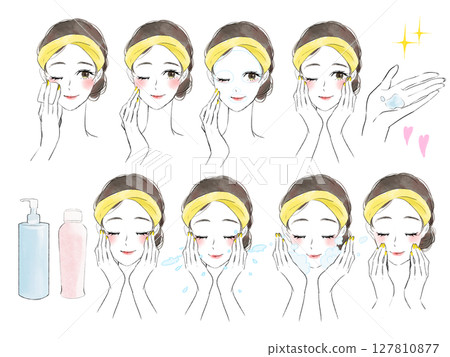 Illustration set of a woman washing her face 127810877